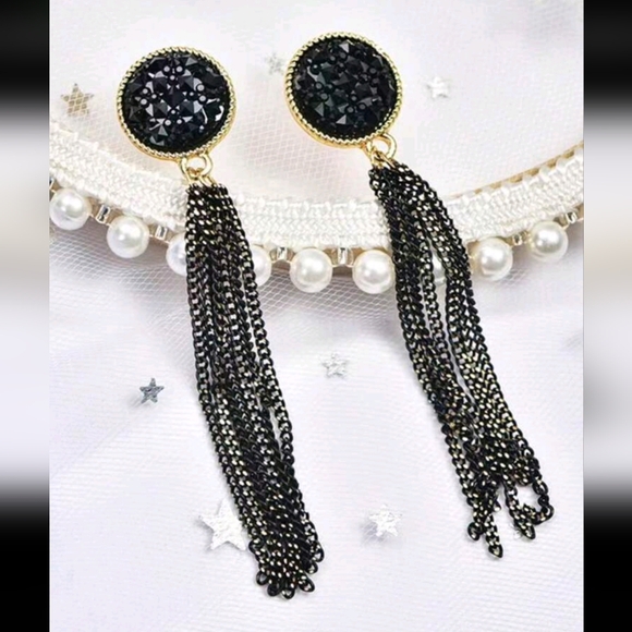 Stunning Black Rhinestone & Long Chain Tassel Dangle Drop Earrings New! - Picture 4 of 10